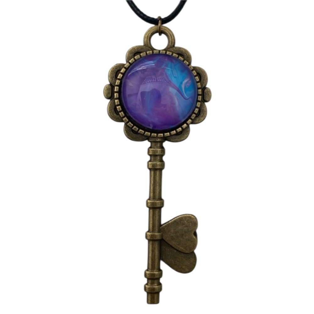 Hand Crafted Skeleton Key Fluid Art Pendant Necklace Purple Blue